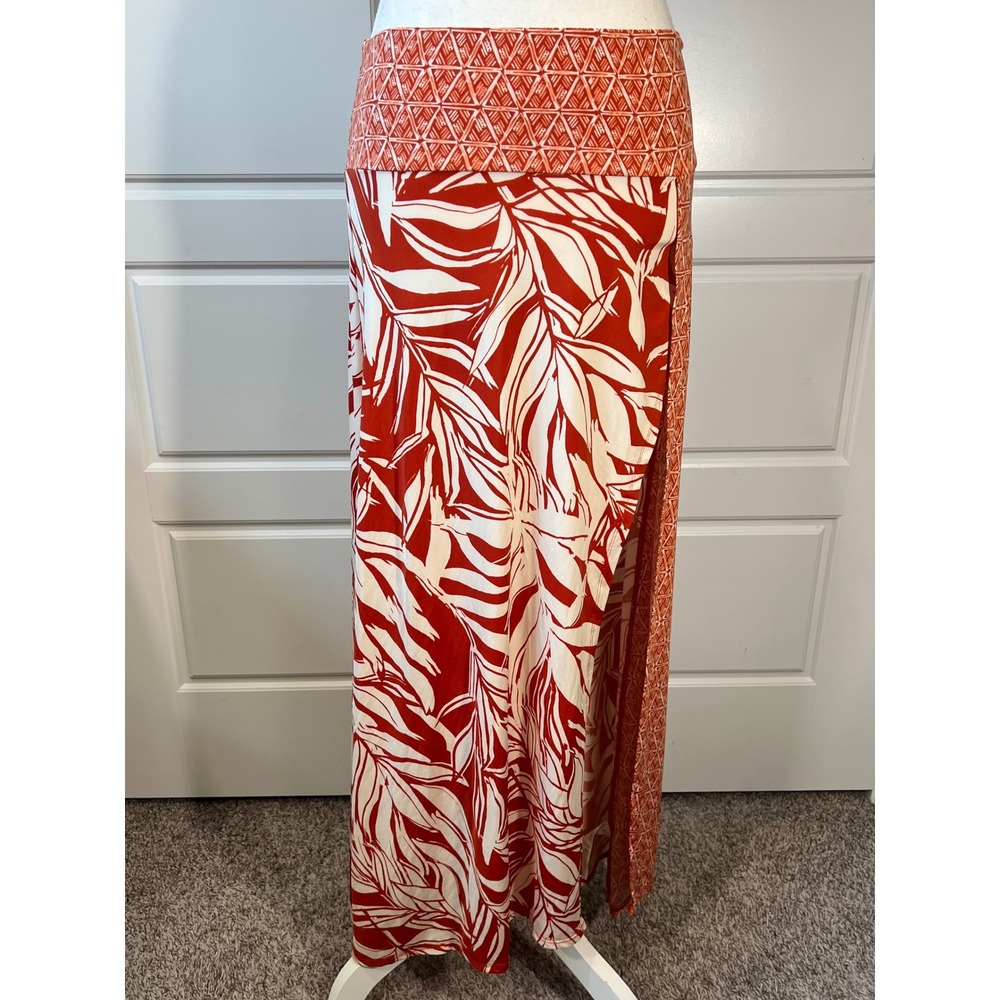 Free People Maxi Skirt Rust Orange‎ White Floral High Slit Bohemian Small